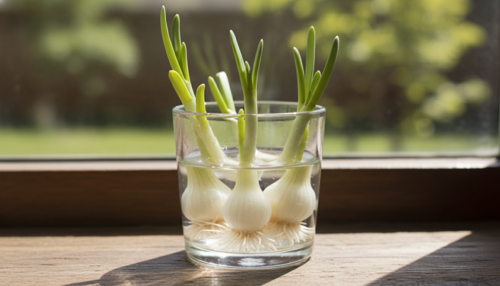 Green onion ends with roots placed in a small clear glass of water on a windowsill showing new green shoots emerging fro