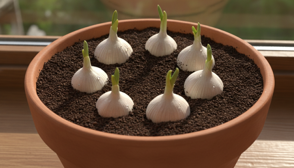 Several individual garlic cloves some showing green sprouts planted in a small terracotta pot with rich dark soil on a w