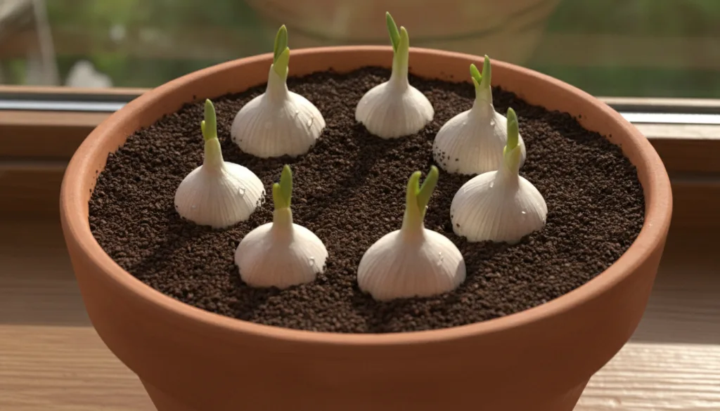 Several individual garlic cloves some showing green sprouts planted in a small terracotta pot with rich dark soil on a w