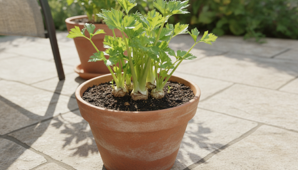 A close-up of healthy established regrown celery thriving in a small terracotta pot with rich soil on a sunny patio show