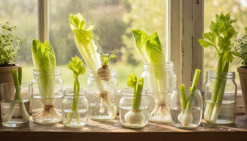 A vibrant collection of kitchen scraps like the bases of romaine lettuce celery and green onion bulbs soaking in small g