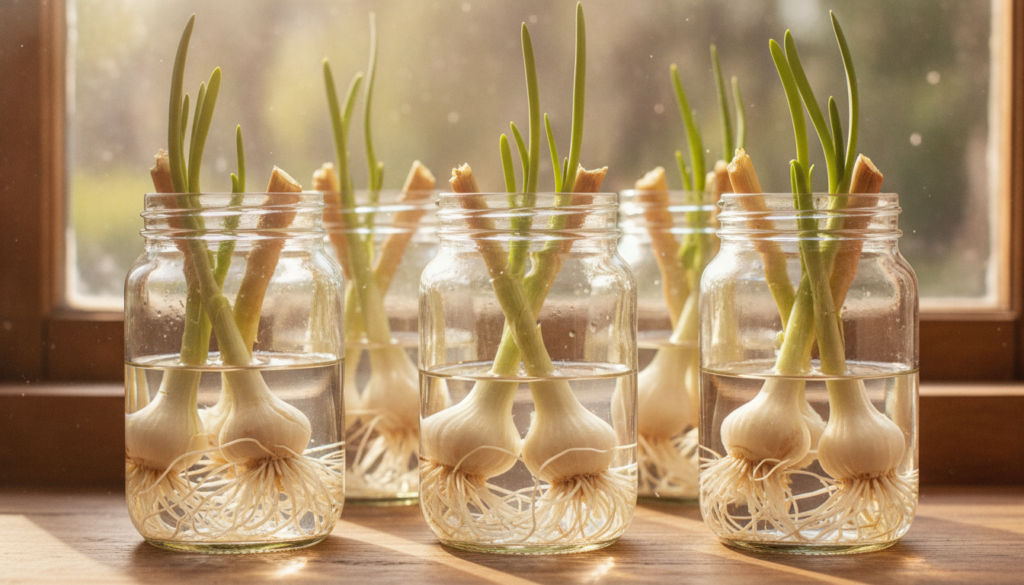 Green onion scraps with visible roots submerged in water in a clear glass on a sunny windowsill showing new green shoots