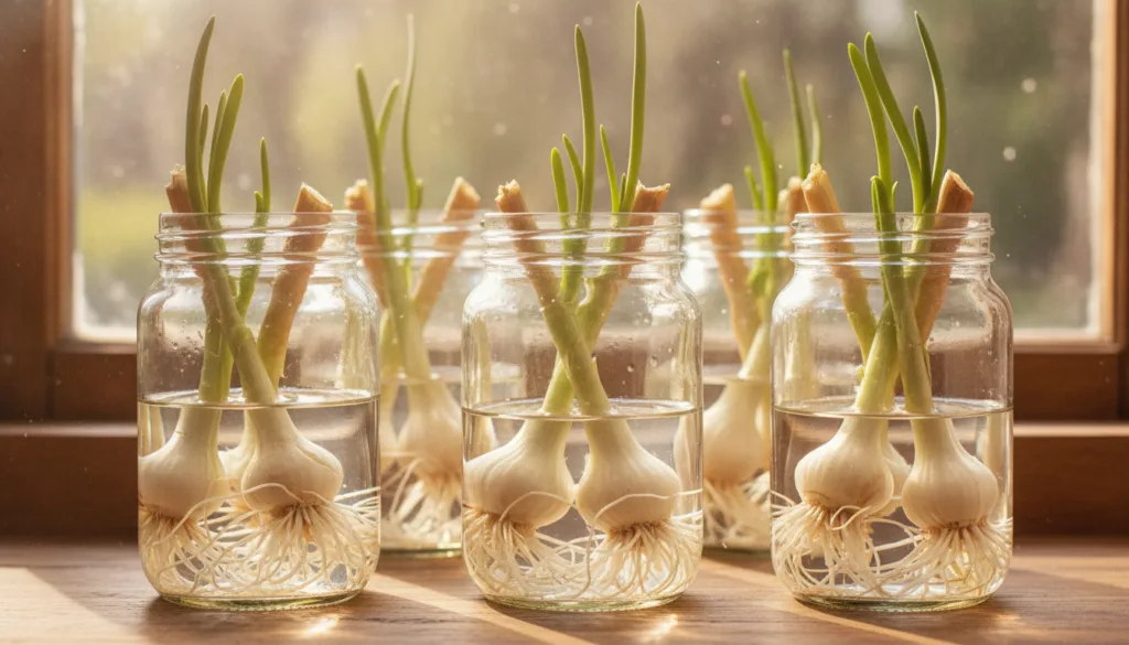 Green onion scraps with visible roots submerged in water in a clear glass on a sunny windowsill showing new green shoots