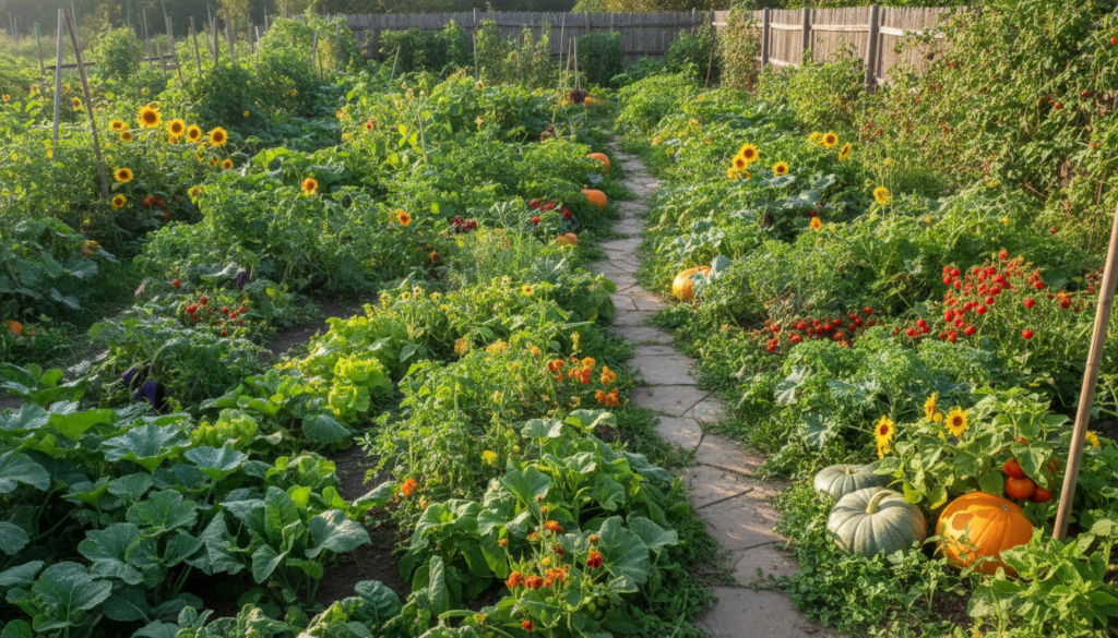 A vibrant diverse vegetable garden showing various plants growing close together in harmony with healthy foliage and som