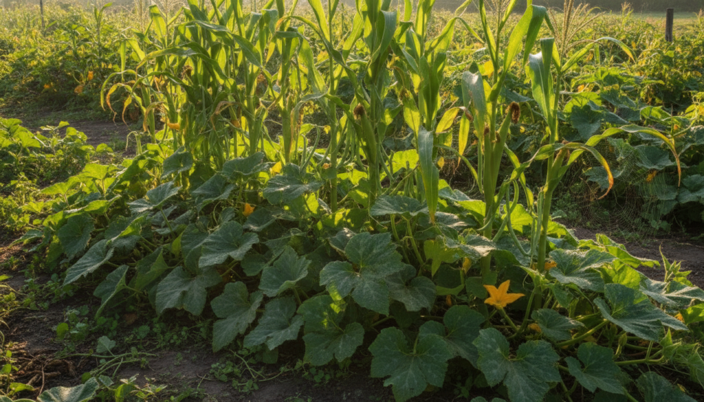 An illustration or photo showing the Three Sisters companion planting method corn stalks growing tall with pole beans cl