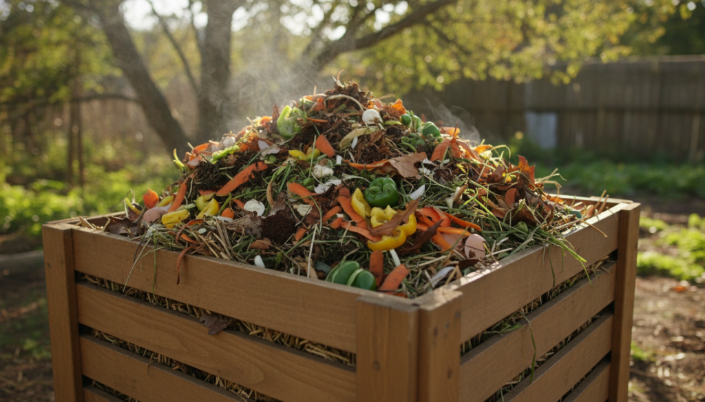 A home composting bin or pile with visible layers of kitchen scraps and yard waste showing the process of organic decomp