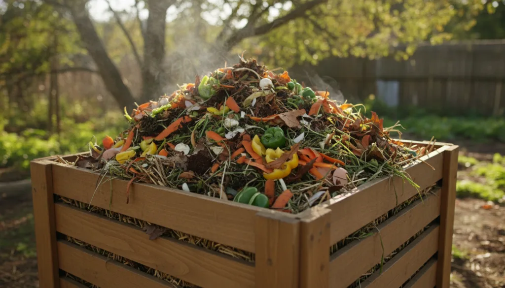 A home composting bin or pile with visible layers of kitchen scraps and yard waste showing the process of organic decomp
