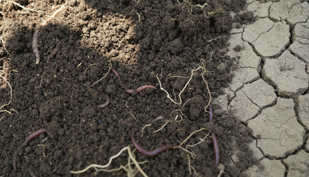 A visual representation of rich dark healthy garden soil teeming with life perhaps with earthworms roots and organic mat
