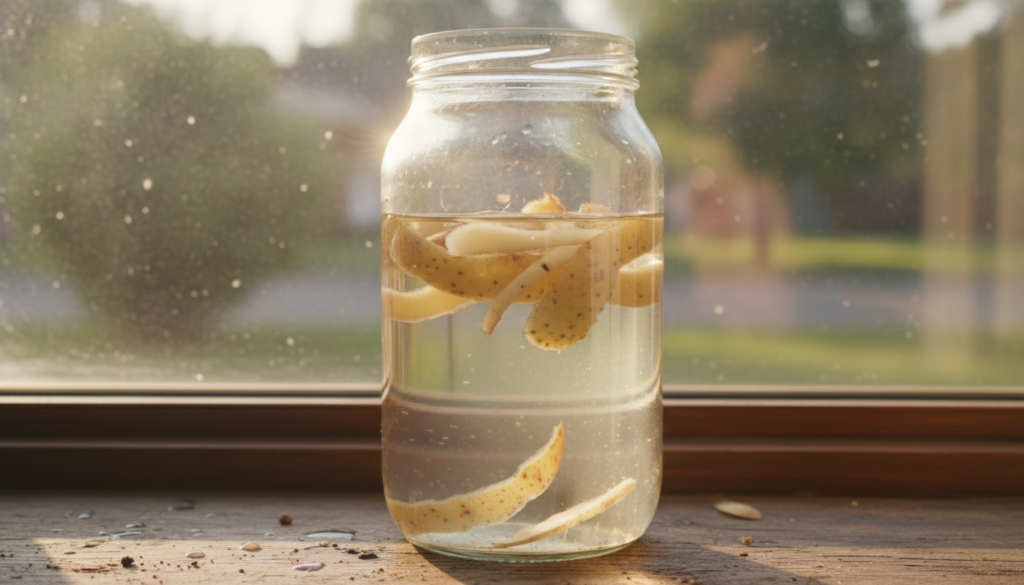 A clear glass jar filled with water and potato peels steeping on a windowsill with a potato peel tea label showing the l