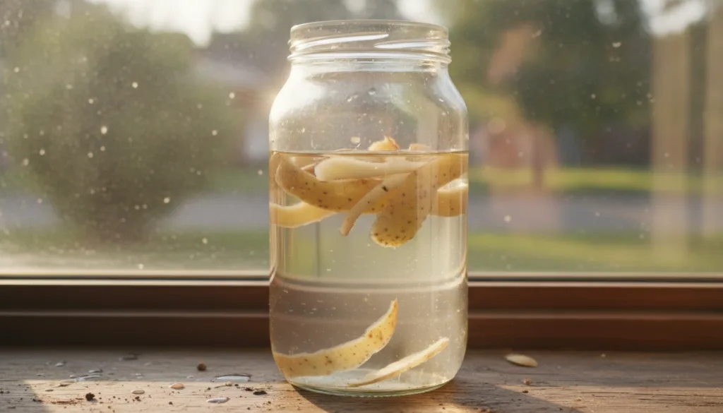 A clear glass jar filled with water and potato peels steeping on a windowsill with a potato peel tea label showing the l