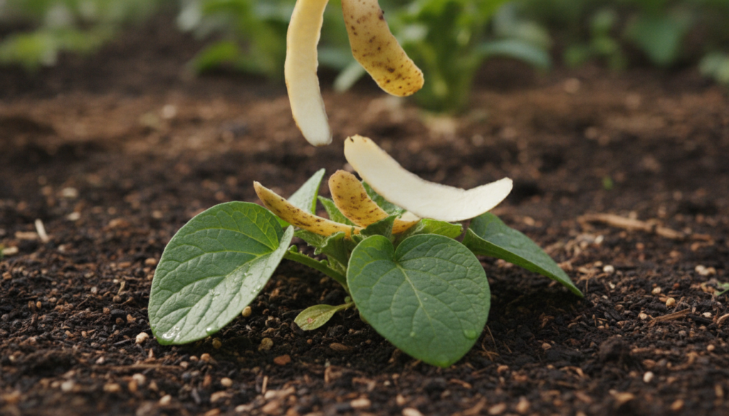 A close-up shot of potato peels being added to rich garden soil next to lush green plants emphasizing organic gardening 