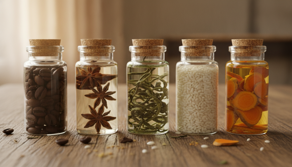 A close-up shot of small glass jars or bottles containing various natural ingredients like coffee beans star anise rice 