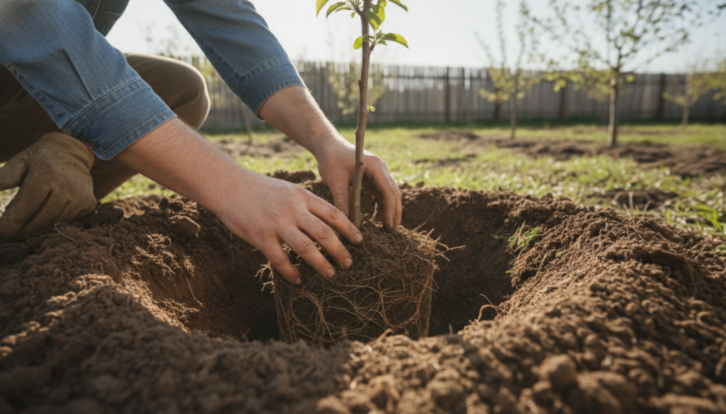 Close-up of a gardener planting a young fruit tree showing proper planting technique with hands gently spreading roots a