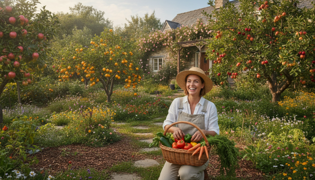 A beautiful lush home garden featuring a variety of fruit trees with ripe fruit hanging from branches and a gardener smi