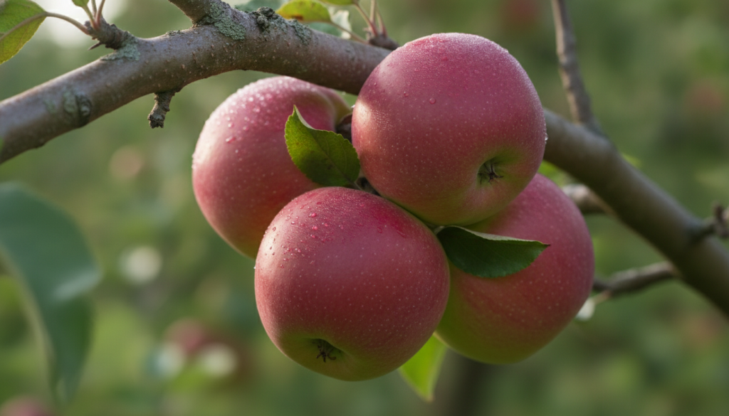 A close-up of healthy ripe organic apples hanging from a tree branch glistening with morning dew