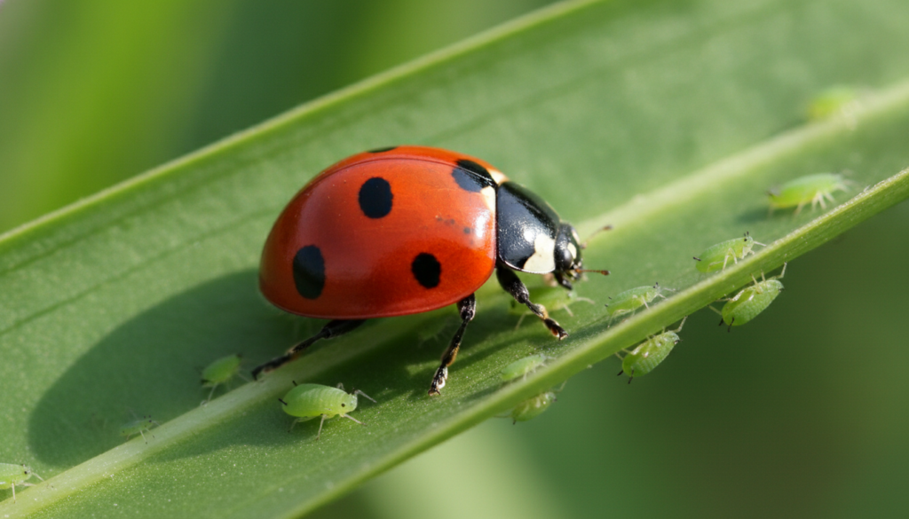 A close-up of a vibrant ladybug crawling on a green leaf with aphids visible nearby showcasing a beneficial insect in ac