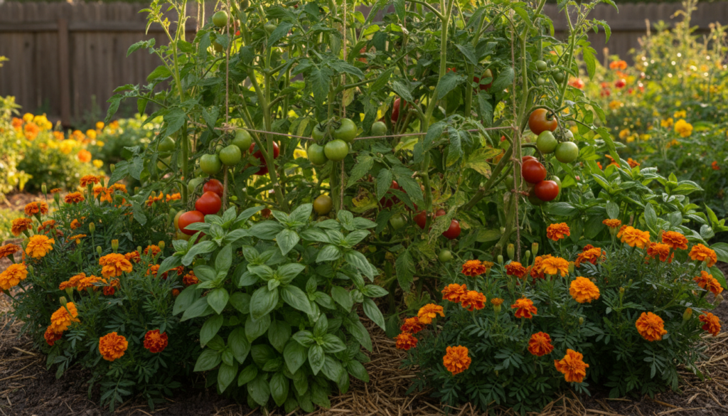 A vibrant garden bed showcasing companion planting with marigolds basil and tomatoes growing together with some nasturti