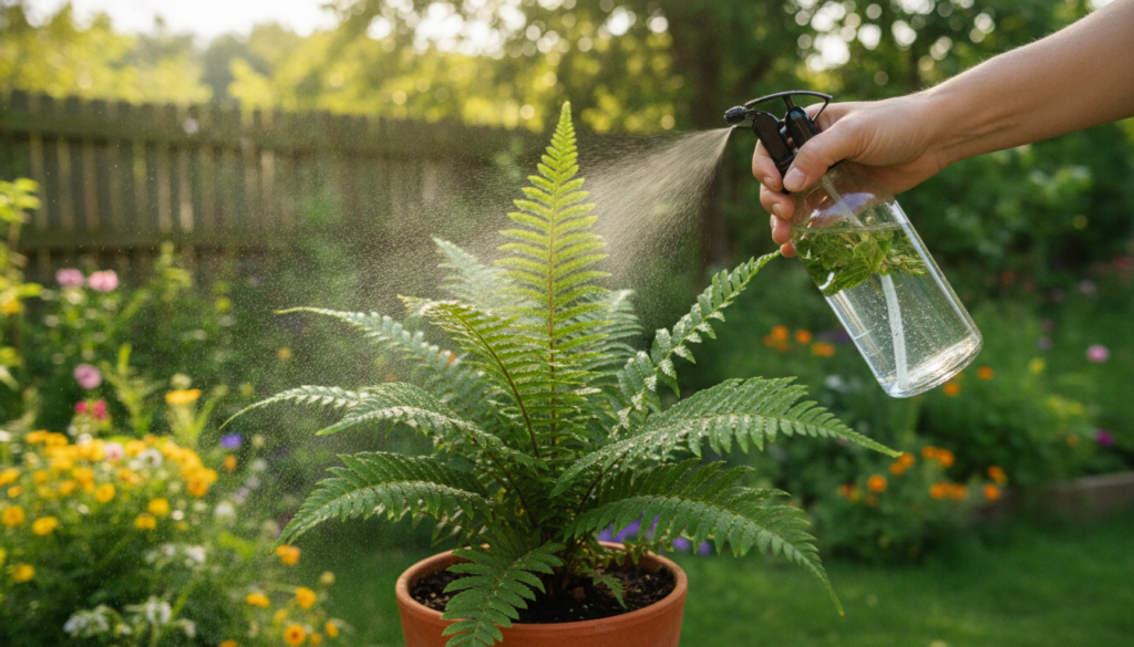 A hand holding a spray bottle applying a natural DIY pest spray to a leafy green plant in a garden with sunlight filteri
