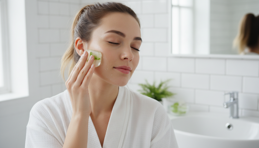 A woman gently rubbing an aloe vera and potato beauty cube over her cheek Her skin looks fresh and natural The backgroun