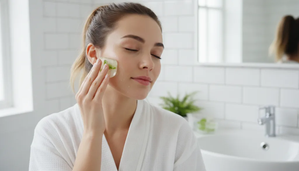 A woman gently rubbing an aloe vera and potato beauty cube over her cheek Her skin looks fresh and natural The backgroun