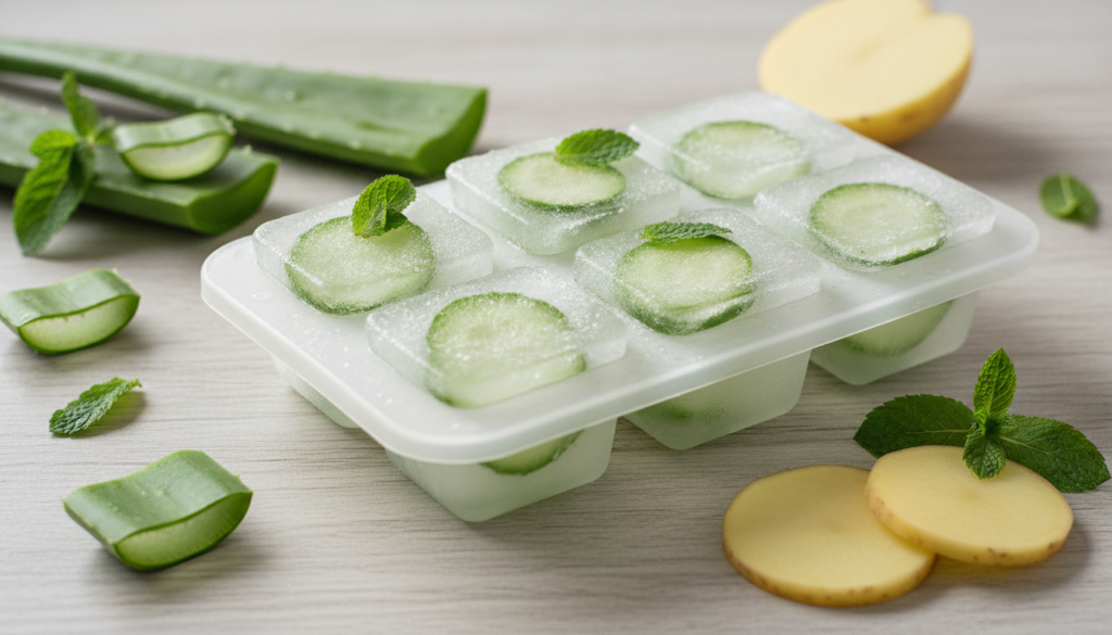 A close-up of several ice cubes made from natural ingredients such as aloe vera and green tea placed in an ice cube tray
