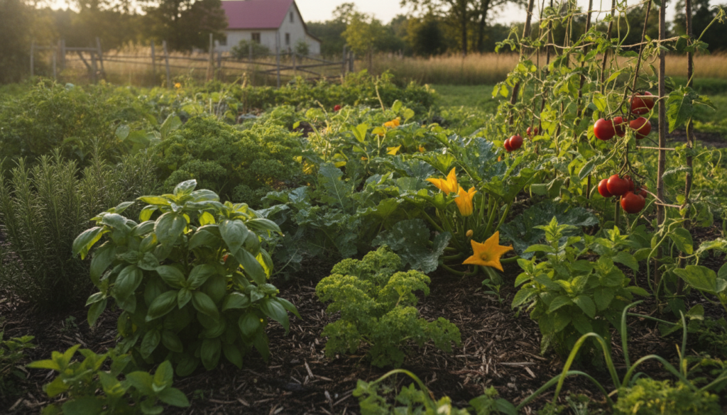 A vibrant healthy garden bed with various herbs interplanted with vegetables showcasing lush green foliage and a few sma
