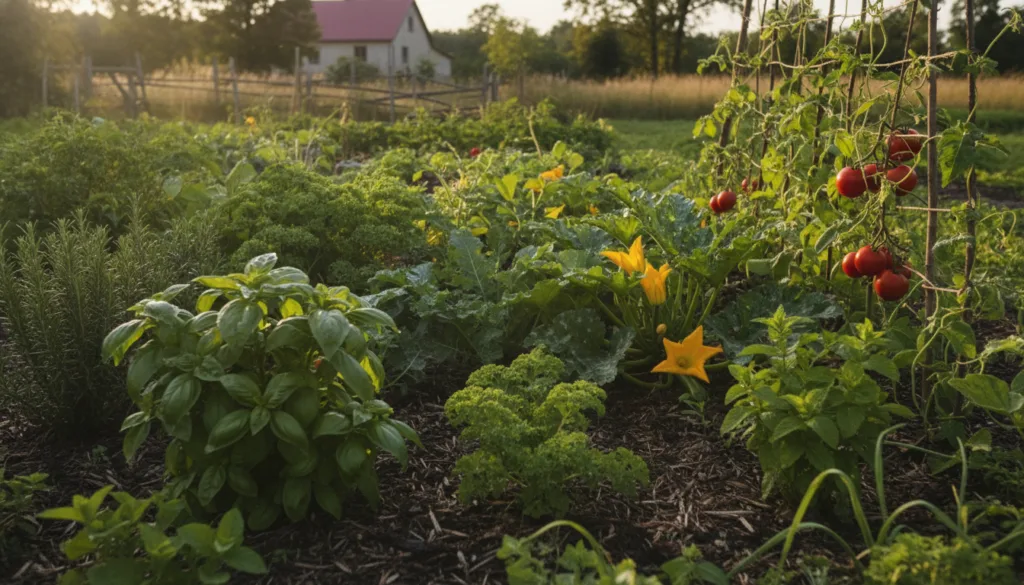 A vibrant healthy garden bed with various herbs interplanted with vegetables showcasing lush green foliage and a few sma
