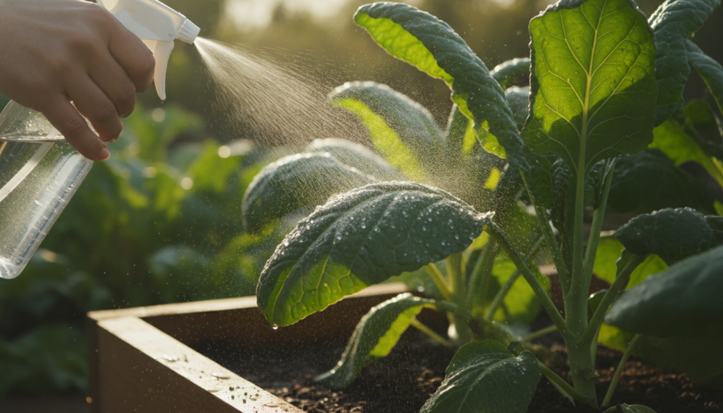A gardener holding a spray bottle filled with a DIY natural pest control solution gently misting the leaves of a vegetab