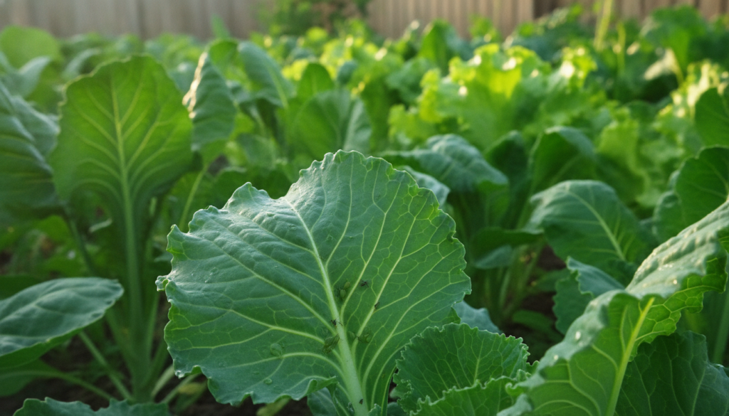 A close-up of healthy vegetable plants in a garden with a few small pests visible illustrating the need for natural pest