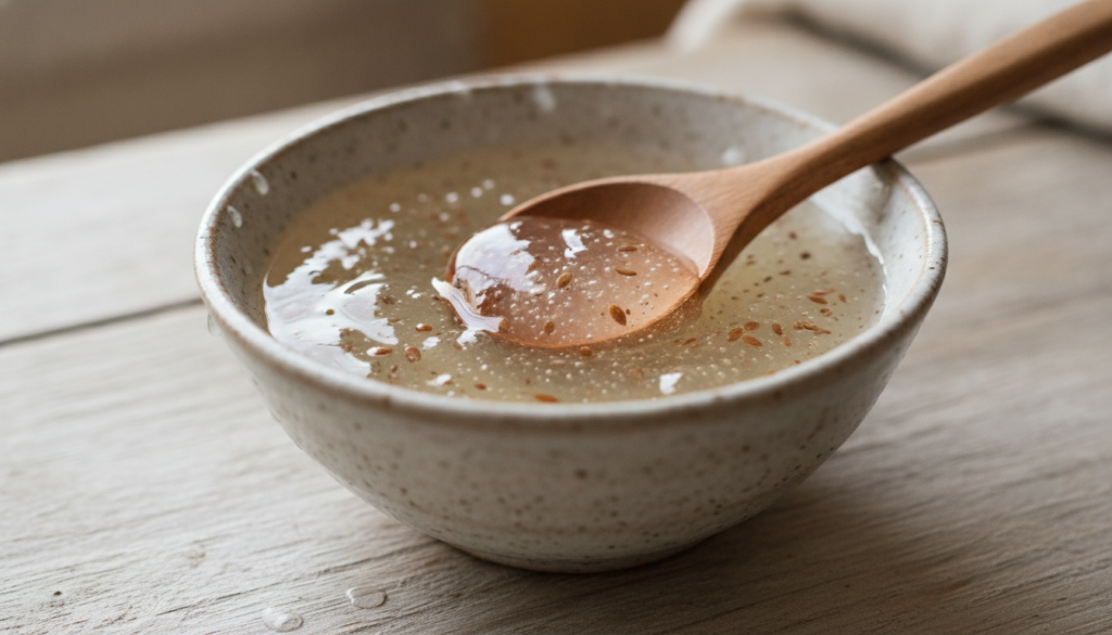 A close-up of a bowl filled with a clear jelly-like DIY Botox gel with a spoon highlighting its smooth texture