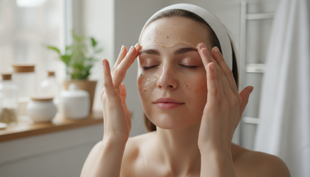 A woman gently applying a clear homemade gel to her clean face with her fingertips focusing on her forehead and around h