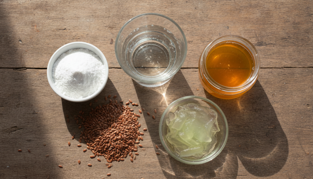 A flat lay of the ingredients for the DIY Botox gel whole flaxseeds a glass of water cornstarch honey and aloe vera gel 