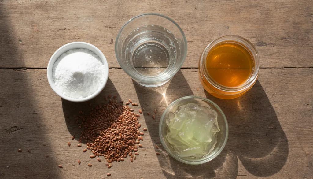 A flat lay of the ingredients for the DIY Botox gel whole flaxseeds a glass of water cornstarch honey and aloe vera gel 