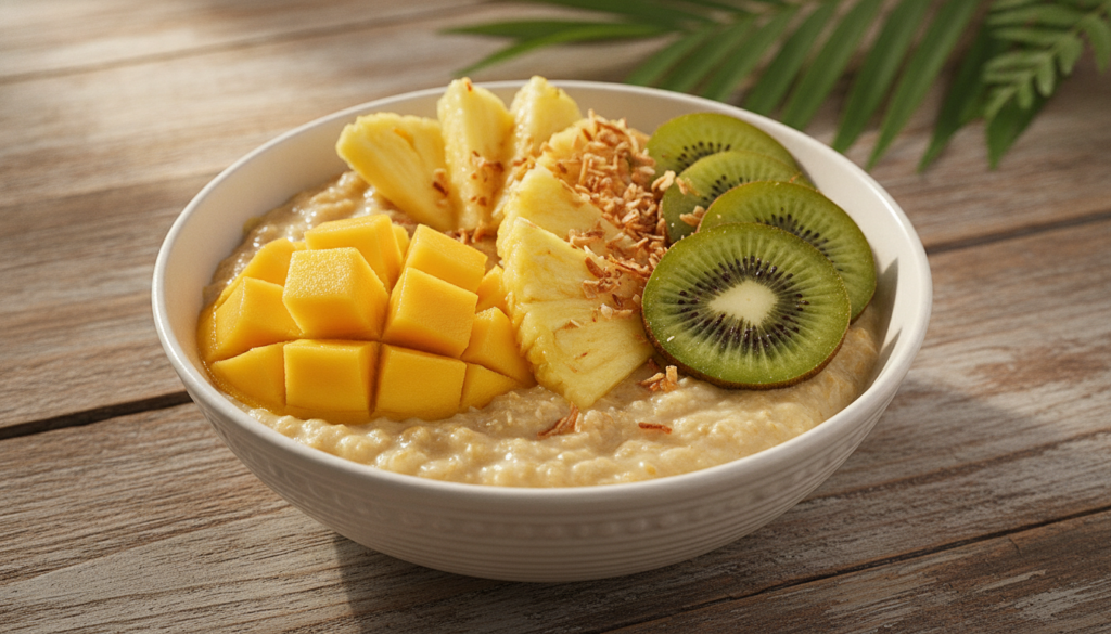A bright tropical oat bowl with mango pineapple kiwi slices and toasted coconut flakes on a wooden table with a hint of 