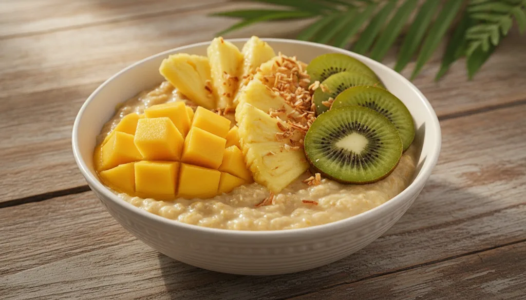 A bright tropical oat bowl with mango pineapple kiwi slices and toasted coconut flakes on a wooden table with a hint of 
