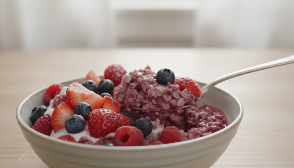 A vibrant berry blast oat bowl topped with fresh strawberries blueberries and raspberries with a spoonful of oats clearl