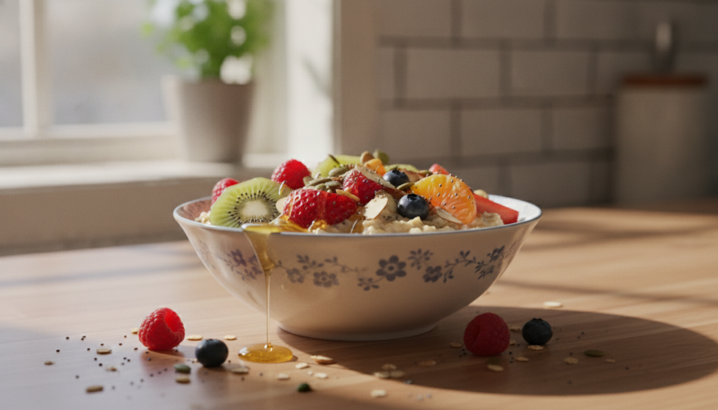 A beautifully arranged colorful oat bowl topped with various fresh fruits nuts and a drizzle of honey set on a clean kit