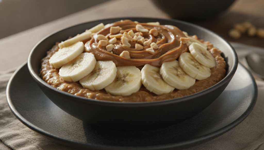 A hearty peanut butter and banana oat bowl topped with banana slices a drizzle of peanut butter and chopped peanuts pres