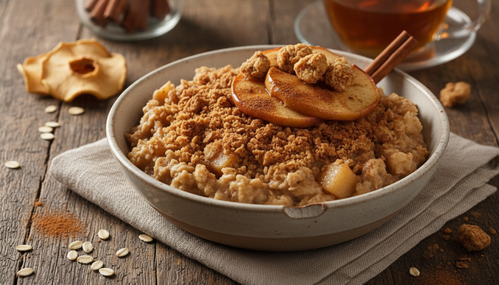 A cozy apple cinnamon crumble oat bowl topped with cooked apple slices a sprinkle of granola and cinnamon against a rust