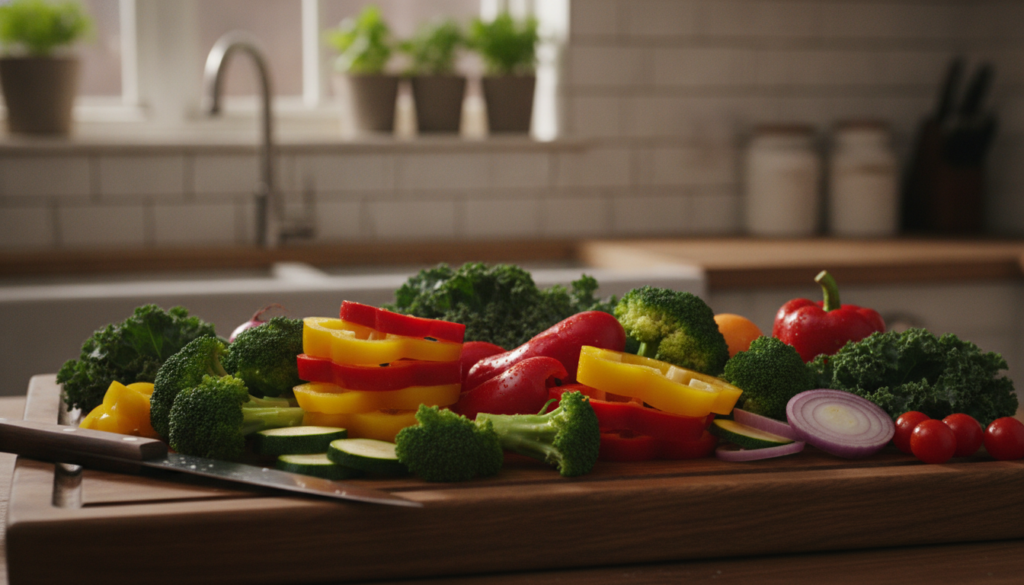 A variety of colorful vegetables like bell peppers broccoli and kale on a wooden cutting board ready for preparation