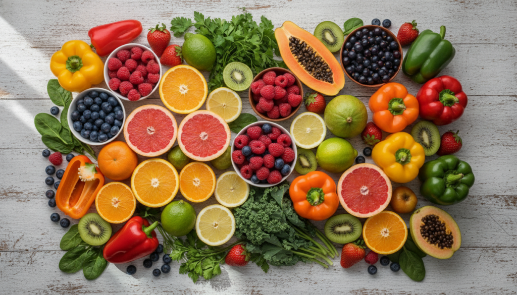 A vibrant assortment of fresh fruits and vegetables rich in Vitamin C such as oranges kiwis bell peppers strawberries an