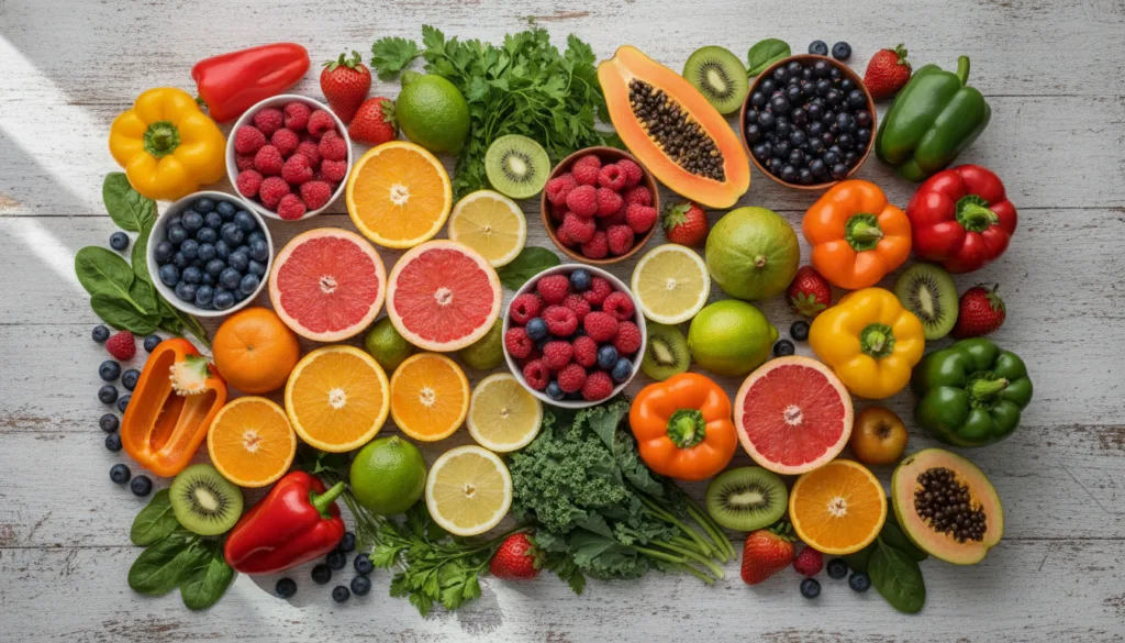 A vibrant assortment of fresh fruits and vegetables rich in Vitamin C such as oranges kiwis bell peppers strawberries an