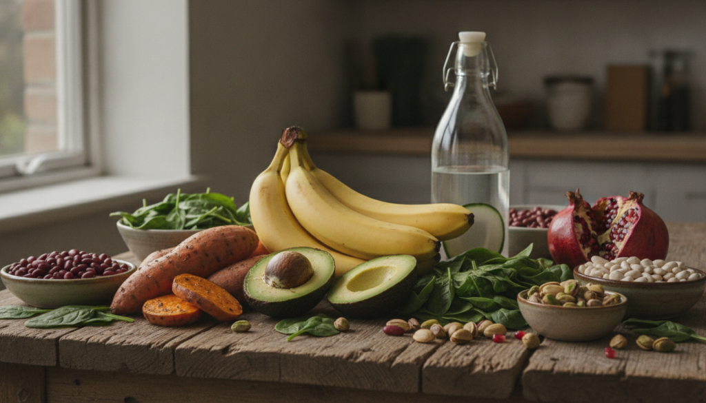 A vibrant and colorful collection of various potassium-rich foods like bananas avocados sweet potatoes spinach and pista