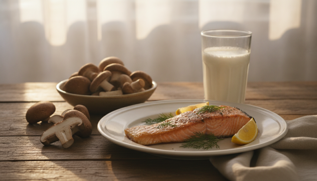 A visual representation of Vitamin D sources including a bright sun a plate with salmon and mushrooms and a glass of for