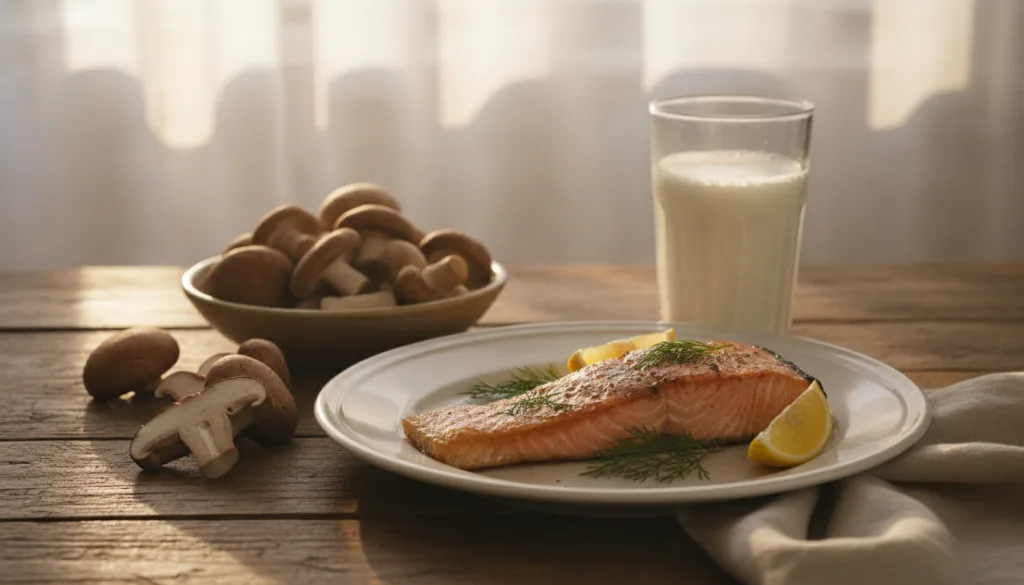 A visual representation of Vitamin D sources including a bright sun a plate with salmon and mushrooms and a glass of for