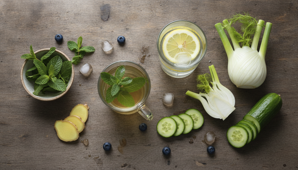 A beautiful flat lay of various natural foods and drinks known for reducing bloat including cucumber slices fresh mint g