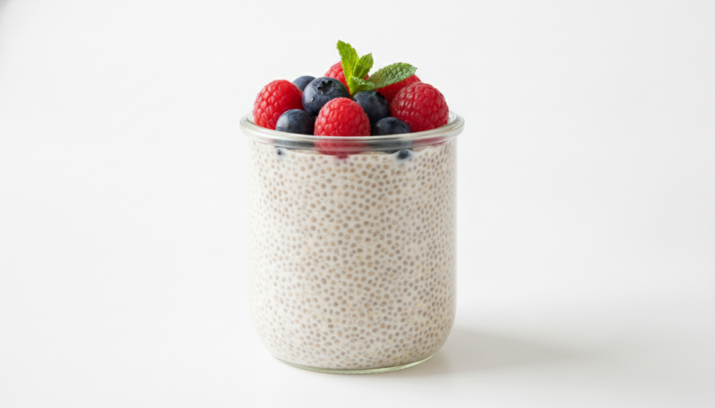 A delicious-looking jar of chia pudding topped with fresh berries and mint