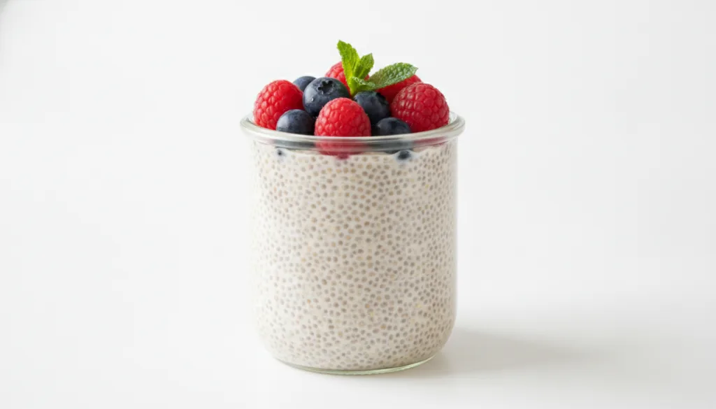 A delicious-looking jar of chia pudding topped with fresh berries and mint