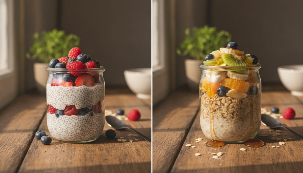 A visual comparison of a jar of chia pudding and a jar of overnight oats both looking appealing and ready to eat