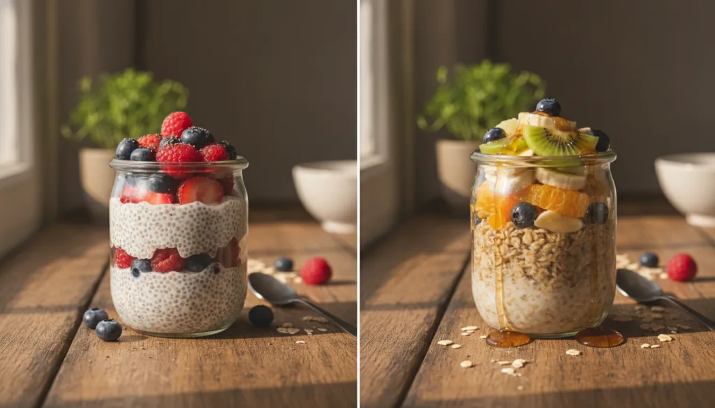 A visual comparison of a jar of chia pudding and a jar of overnight oats both looking appealing and ready to eat